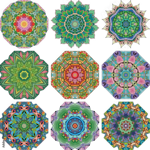 Set of colorful cute Mandalas. Decorative unusual round ornaments.