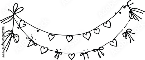 Hand-Drawn Heart Bunting Garland: Sketchy Black and White Vector Illustration