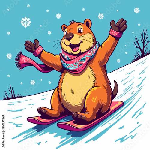 Capybara snowboarding joyfully on a hill during winter  