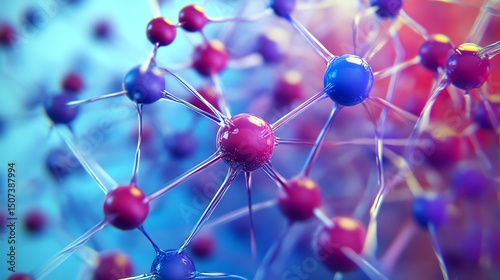 Abstract Molecular Structure: Vibrant Pink and Blue Spheres Connected by Glowing Filaments.  Ideal for science, technology, medicine, and connection concepts. High-resolution 3D rendering.