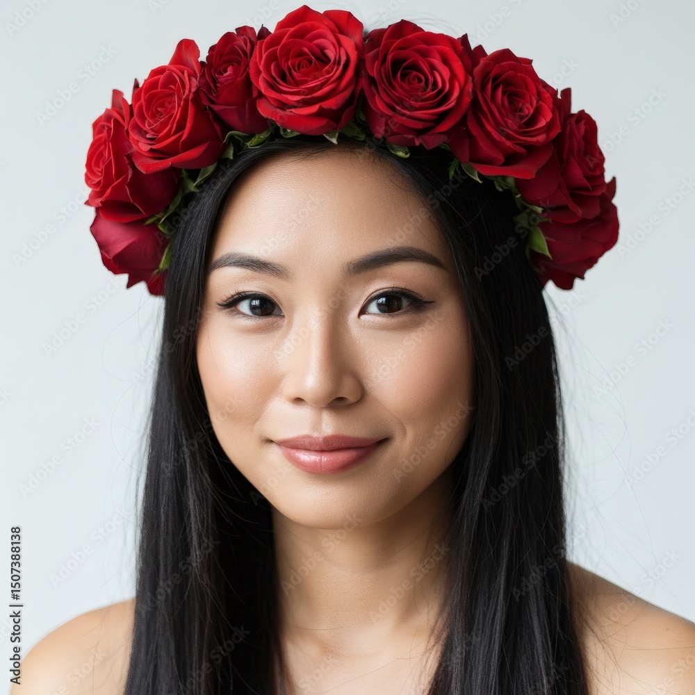 Fototapeta premium An elegant asian woman wearing a vibrant red rose flower crown smiles directly at camera.