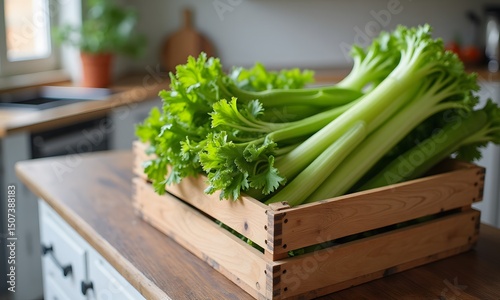 Fresh Celery Harvest with Copy Space in Rustic Kitchen Setting