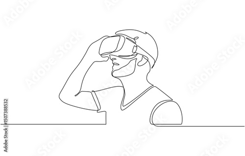 One line drawing of a person in virtual reality. Represents the future of gaming, Astonished Person Wearing VR Headset, Immersive Virtual Reality Experience. Editable Stroke.