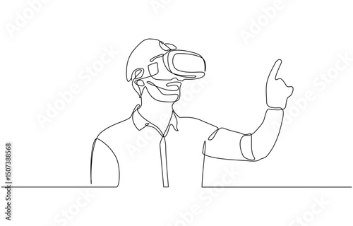 One line drawing of a person in virtual reality. Represents the future of gaming, Astonished Person Wearing VR Headset, Immersive Virtual Reality Experience. Editable Stroke.