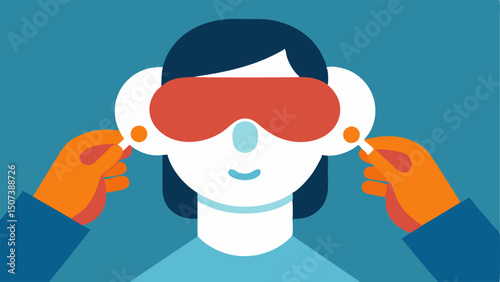 MRI Equipment CloseUp A closeup illustration of hands gently placing a patients ear plugs and eye mask in preparation for the scan emphasizing patient comfort.