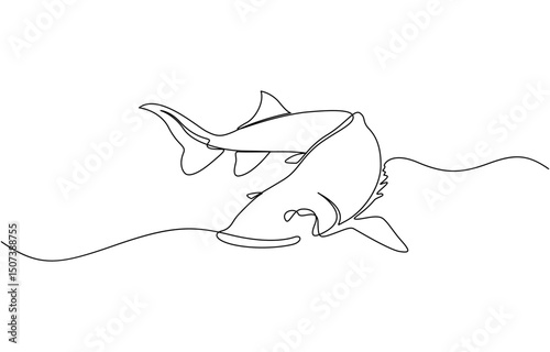 Sturgeon fish in continuous line art drawing style. Minimalist black linear sketch, A minimalist vector illustration of a sturgeon fish in continuous line art drawing style, using a single black line.