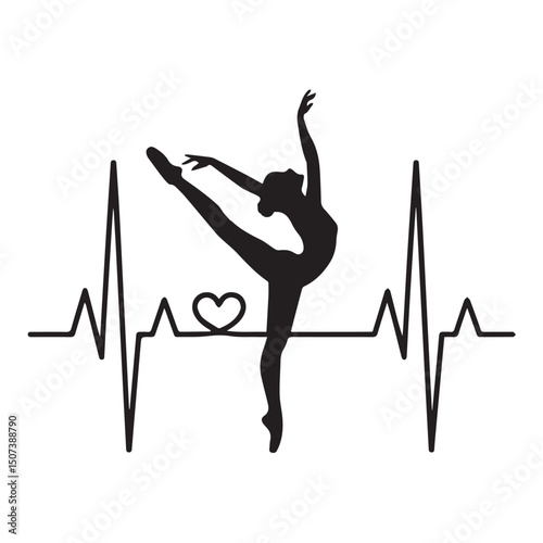 Ballerina's Heartbeat: A ballerina gracefully poised mid-dance, her silhouette juxtaposed against the rhythmic cadence of a heartbeat, a visual symphony celebrating the art of dance.