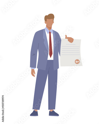 Businessman holding white paper document. Signing contract, agreement, digital signature, legal support
