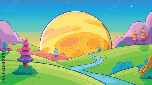 Magical cartoon landscape sunset over hills