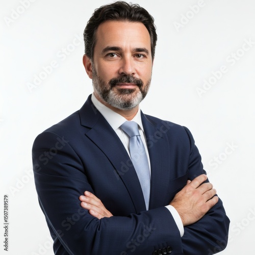 A sophisticated businessman in a sharp blue suit poses confidently with arms crossed, looking directly at the camera.