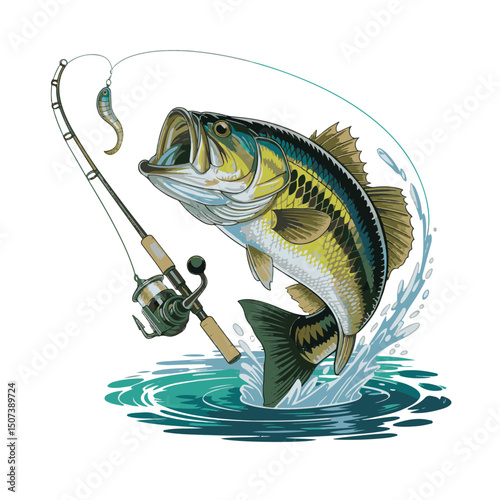 Fish leaping with fishing rod: A vibrant image of a largemouth bass leaping out of the water, its mouth open, while a fishing rod and lure dangle above, capturing the excitement of the sport.