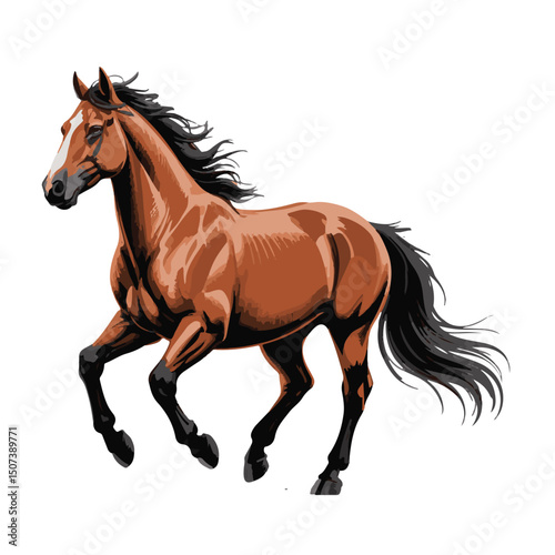 Running Horse: A majestic brown horse with a flowing black mane and tail gallops gracefully. Its powerful muscles and elegant form are beautifully captured in this dynamic illustration.