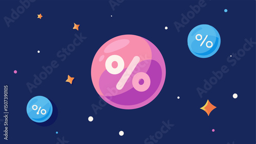 Discount Bubble Fantasy bubbles floating through space each containing a discount sign or promotional offer with glittering stars all around.
