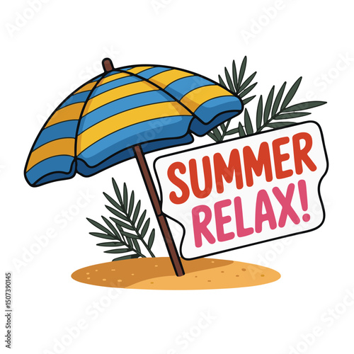 Summer Relaxation Scene: An illustrated summer scene presents an inviting parasol with a blue and yellow striped design, complemented by a sign that says "Summer Relax!" alongside green palm leaves.