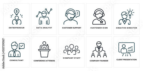 Set of 10 Business People Icons – Entrepreneur, Data Analyst, Customer Support, Creative Director, Consultant, Company Staff, Founder, Presentation, Conference – Line Vector Illustration