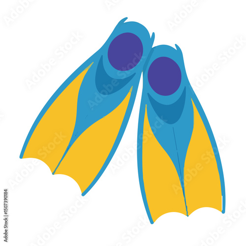 Dive into Adventure: a dynamic pair of blue and yellow fins, ready for a deep sea adventure, evokes the call of the ocean and the thrill of exploring marine worlds.