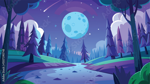 Enchanting night forest scene moonlit river
