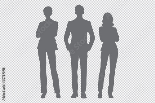 Businessmen businesswomen set silhouettes in suits and ties, confident standing poses, clean lines and executive look EPS 10