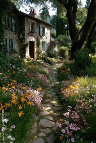 Wallpaper Mural flower garden in front of old village house, vertical background Torontodigital.ca