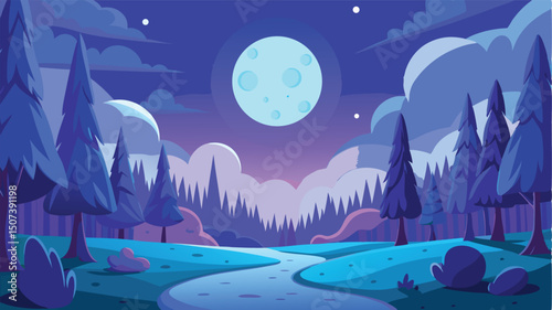 Enchanting night forest moonlit river scene