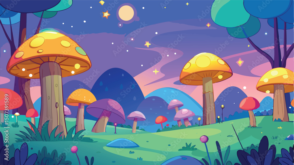 Fototapeta premium Magical mushroom forest nighttime fantasy landscape