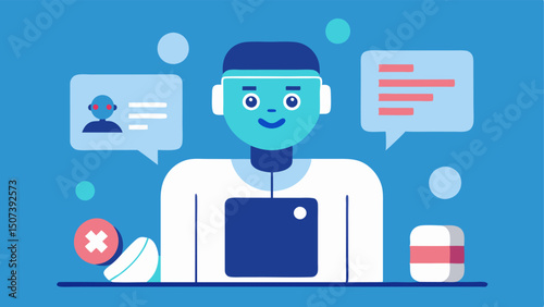 Patient and AI Interaction A patient interacting with a friendly AI chatbot on a tablet asking questions about medication schedules and lifestyle tips related to chronic disease