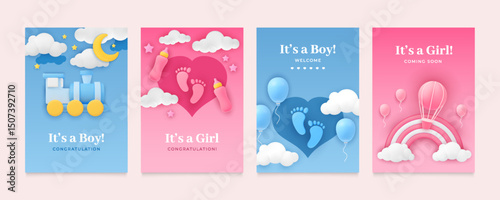 Kid background. Baby shower. Girl and boy birthday card. Toddler holiday. 3D sky balloon and train. Newborn child. Birth celebration. Cute pink and blue flyer. Vector design posters set