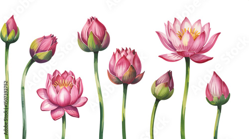 Watercolor Lotus Flower Set Hand Painted. Pink lotus flowers Illustration isolated on a white background.