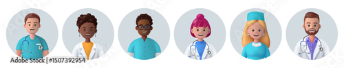 3d doctor icons. Pharmacist, cure smiling medical nurse or avatar or dentist, health characters. Woman healthcare team, pharmacy workers. People face in circle form. Vector cartoon render set