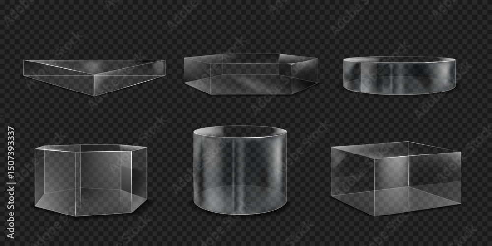 Glass podium. Transparent 3D box and cube stand. Cylinder platform. Product display mockup. Clear plastic shape. Translucent block. Glossy abstract figure. Vector geometric forms set