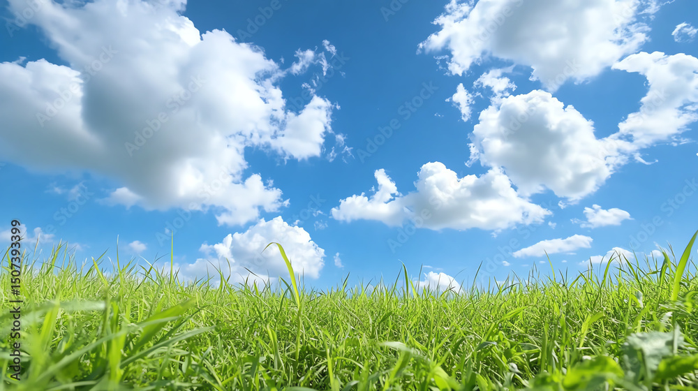 Fototapeta premium A vibrant green grass field under a bright blue sky adorned with fluffy white clouds, perfect for showcasing nature's beauty.