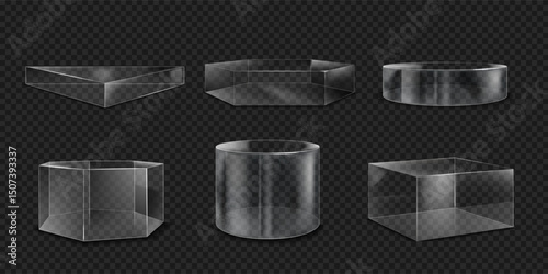 Glass podium. Transparent 3D box and cube stand. Cylinder platform. Product display mockup. Clear plastic shape. Translucent block. Glossy abstract figure. Vector geometric forms set
