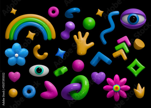 3d elements. Eye and hand, flower rainbow and psychedelic modern doodles, playful alien graphic art. Quirky, whimsical and curve lines minimal render glossy blob. Vector isolated icons set