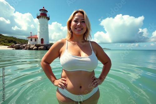 A cheerful woman with blonde hair, wearing a white bikini, showcasing her curvy figure and ample breasts, stands in clear water near a lighthouse with a bright smile.