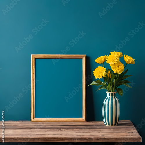 Minimalist home decor mockup with an empty wooden frame, yellow flowers in a blue striped vase, on a wooden table against a teal wall 