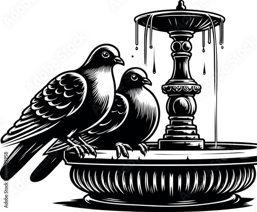 Two pigeons Perched on a Fountain