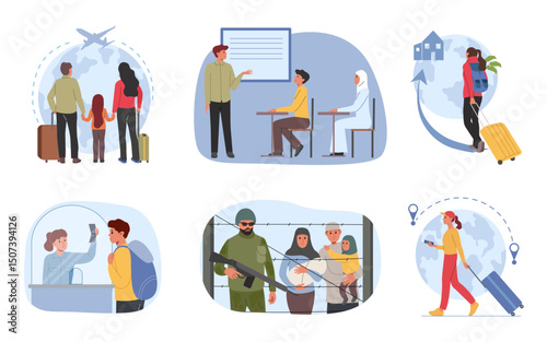 Migration characters. Immigrant family at country barrier. People international immigration. Migrants diverse. School emigration. Flight border passport policy. Vector concepts set