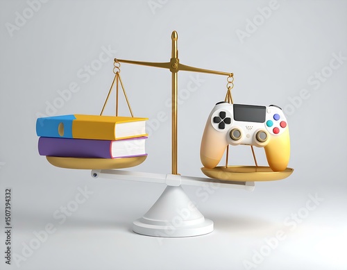Education Versus Gaming Books and Controller on Scales