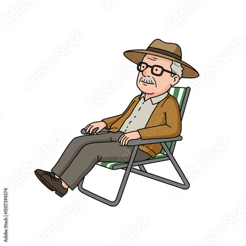 Elderly man relaxing in a lawn chair, wearing a hat and glasses with a calm expression