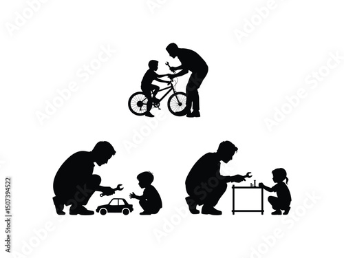 Fathers and children working together on projects silhouettes