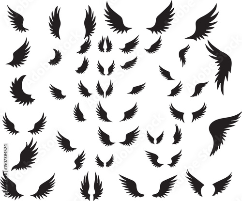 Black Wing Silhouette Icons – Vector Feather and Flight Symbol Set