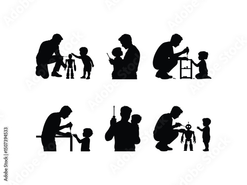 Fathers and children building and playing together silhouettes
