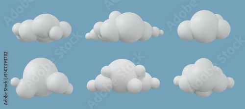 Cloud icon. 3d soft sky, cotton fluffy render of cute balloon, blue smoke weather. White cloudy air shapes. Different cloudscape. Design graphic isolated render elements, vector illustration