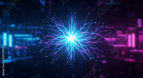 
Vibrant blue and purple glowing particle explosion or energy burst with intricate light trails, symbolizing data transfer, network core, or a technological singularity.