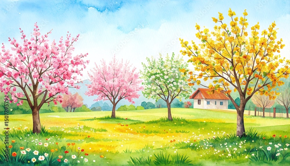 Fototapeta premium Spring landscape painting with four blooming trees and a small house.
