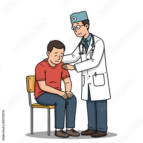 Doctor examining a young boy sitting on a chair, looking anxious during a medical check-up