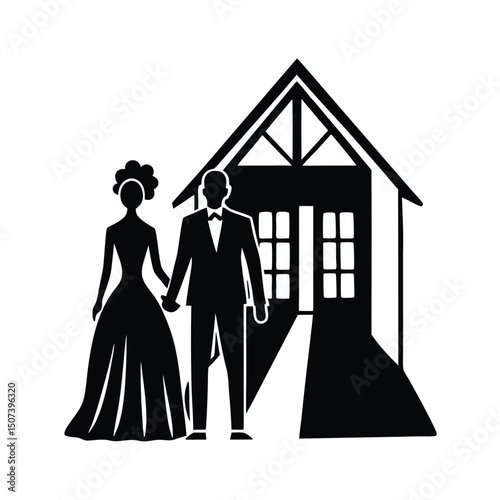 bride and groom in front of the house