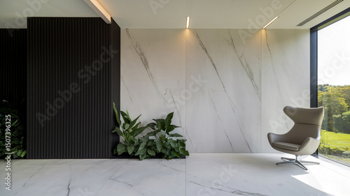A modern, minimalist interior space. Dominating the left side is a large, vertical, dark-colored wooden panel