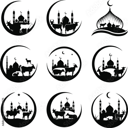 Eid al adha mosque animals icons black and white