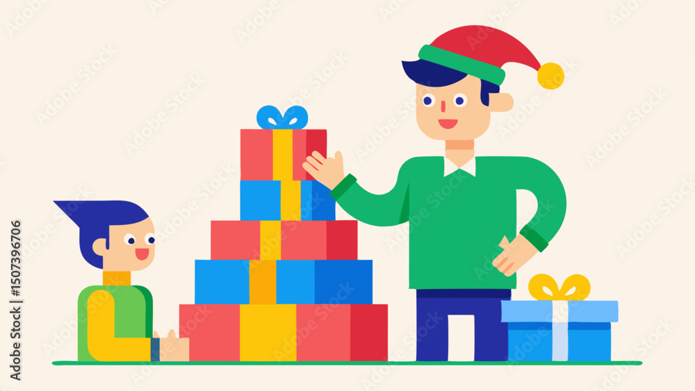Elf with Gift Boxes An elf stacking colorful gift boxes while chatting with a couple of shoppers excitedly looking at the holiday sales section behind him. Elf with Gift Boxes An elf stacking colorful gift boxes while chatting with a couple of shoppers excitedly looking at the holiday sales section behind him.